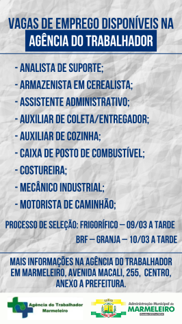 Vagas de Emprego Disponíveis na Agência do Trabalhador Dia 06/03