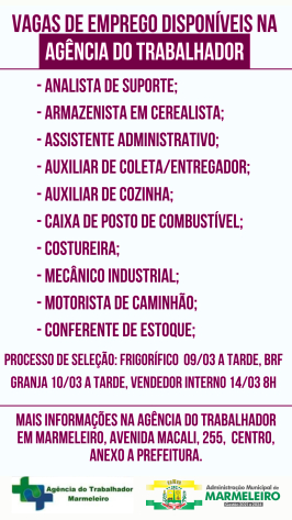 Vagas de Emprego Disponíveis na Agência do Trabalhador Dia 07/03