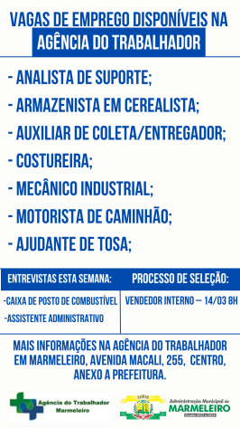 Vagas de Emprego Disponíveis na Agência do Trabalhador Dia 13/03