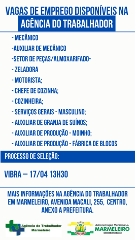 Vagas de Emprego Disponíveis na Agência do Trabalhador Dia 11/04