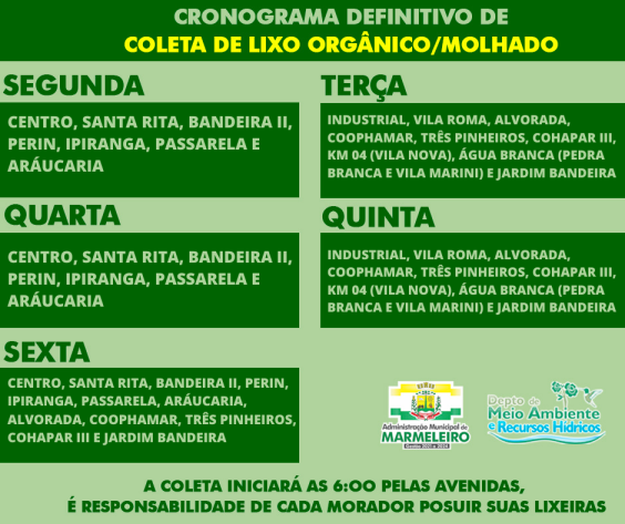 Cronograma Definitivo de Coleta de Lixo Orgânico e Molhado