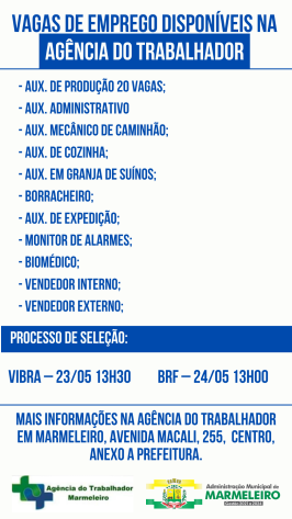 Vagas de Emprego Disponíveis na Agência do Trabalhador Dia 19/05