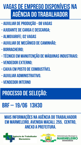 Vagas de Emprego Disponíveis na Agência do Trabalhador Dia 14/06