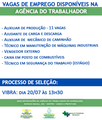 Vagas de Emprego Disponíveis na Agência do Trabalhador Dia 19/07