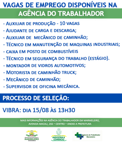 Vagas de Emprego Disponíveis na Agência do Trabalhador Dia 01/08