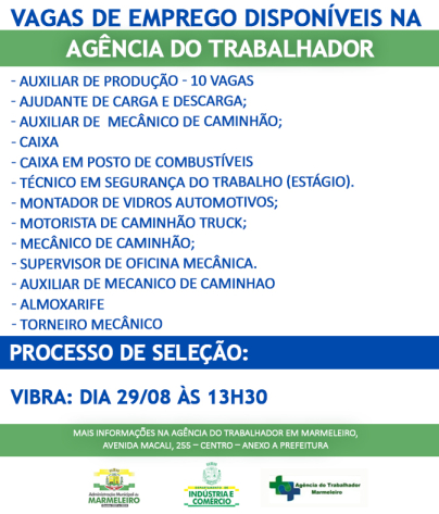 Vagas de Emprego Disponíveis na Agência do Trabalhador Dia 22/08