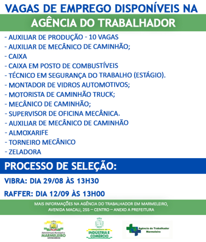 Vagas de Emprego Disponíveis na Agência do Trabalhador Dia 23/08