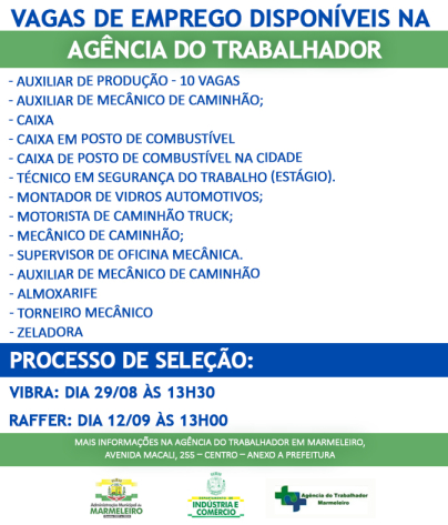 Vagas de Emprego Disponíveis na Agência do Trabalhador Dia 24/08
