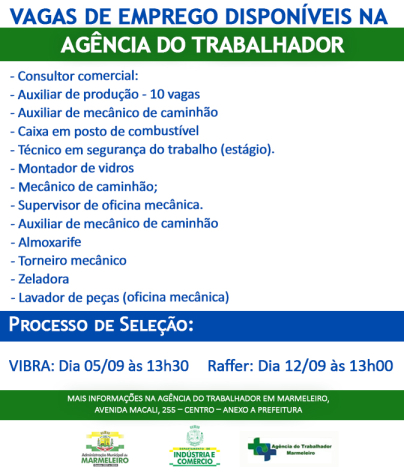 Vagas de Emprego Disponíveis na Agência do Trabalhador Dia 28/08