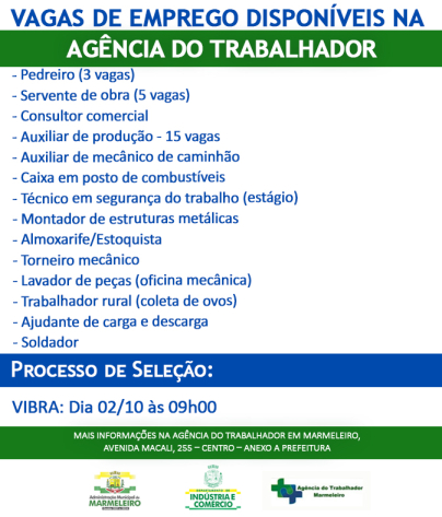 Vagas de Emprego Disponíveis na Agência do Trabalhador Dia 19/09