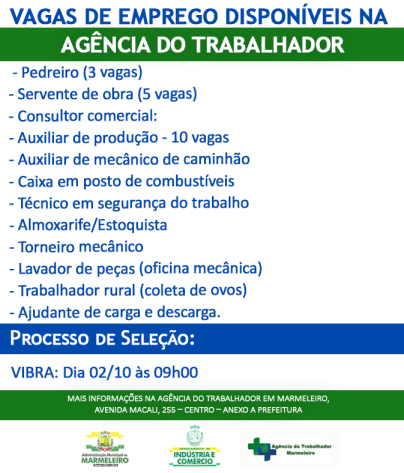 Vagas de Emprego Disponíveis na Agência do Trabalhador Dia 03/10