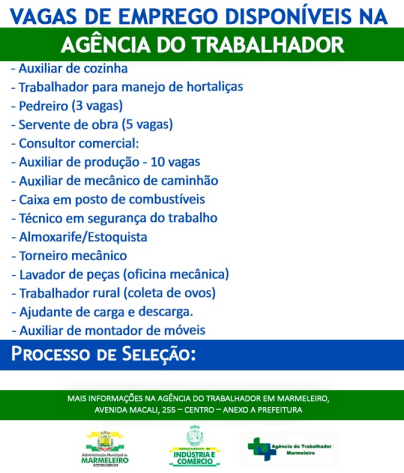 Vagas de Emprego Disponíveis na Agência do Trabalhador Dia 05/10