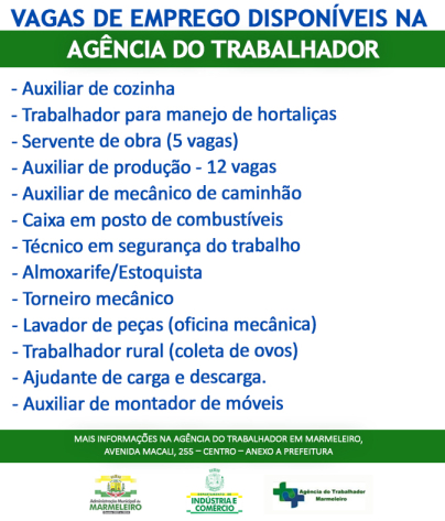 Vagas de Emprego Disponíveis na Agência do Trabalhador Dia 09/10