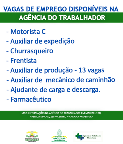 Vagas de Emprego Disponíveis na Agência do Trabalhador Dia 20/12