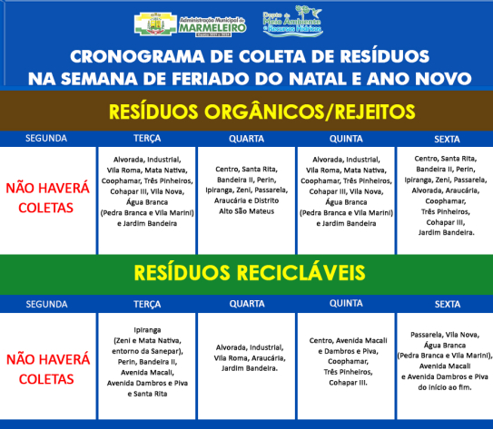 Coleta de Resíduos Orgânicos e Recicláveis para a semana de feriado de Natal e Ano Novo