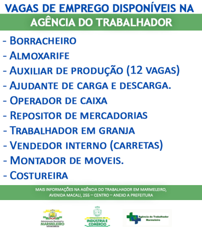 Vagas de Emprego Disponíveis na Agência do Trabalhador Dia 31/01