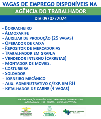 Vagas de Emprego Disponíveis na Agência do Trabalhador Dia 09/02