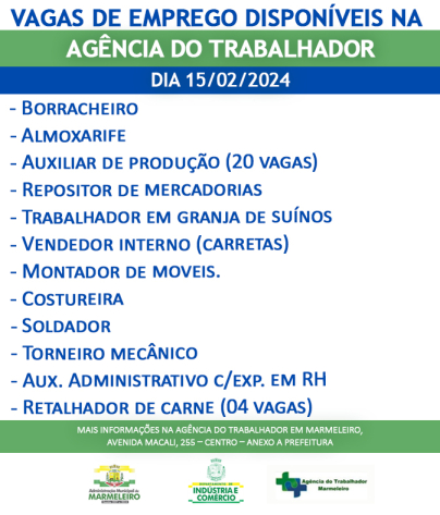 Vagas de Emprego Disponíveis na Agência do Trabalhador Dia 15/02