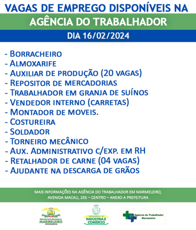 Vagas de Emprego Disponíveis na Agência do Trabalhador Dia 16/02