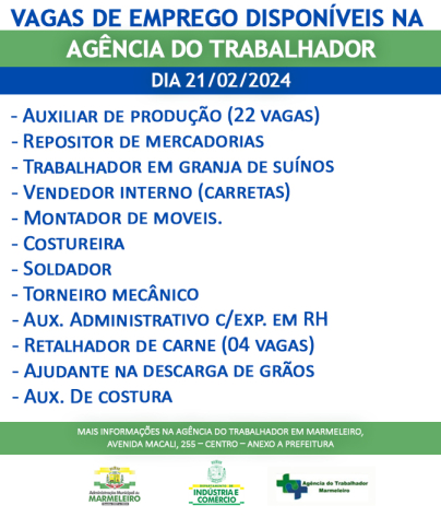 Vagas de Emprego Disponíveis na Agência do Trabalhador Dia 21/02