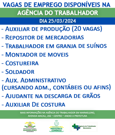 Vagas de Emprego Disponíveis na Agência do Trabalhador Dia 25/03