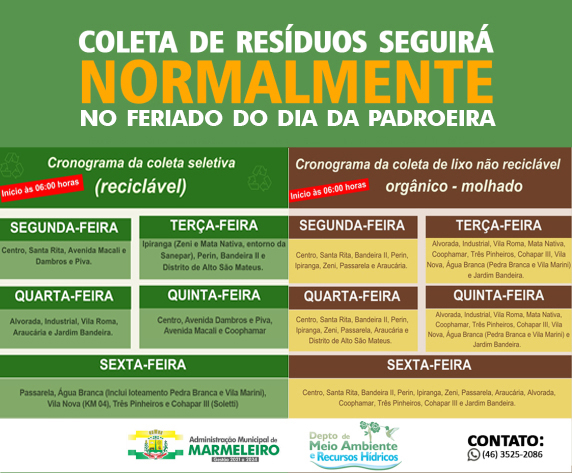 Coleta de Resíduos seguirá normalmente no feriado do Dia da Padroeira