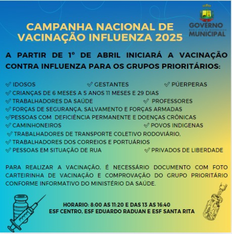 Campanha Nacional de Vacinação proteja-se contra a Gripe.