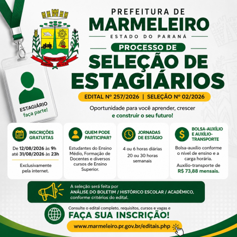 Prefeitura de Marmeleiro abre seleção de estagiários com vagas para Ensino Médio, Formação de Docentes e Ensino Superior