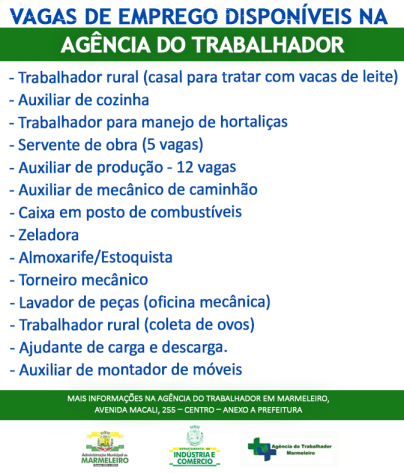 Vagas de Emprego Disponíveis na Agência do Trabalhador Dia 17/10