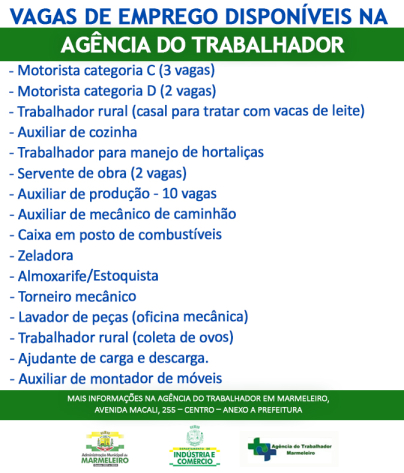 Vagas de Emprego Disponíveis na Agência do Trabalhador Dia 19/10