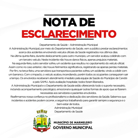Departamento de Saúde emite Nota de Esclarecimento após episódios de Acidentes.
